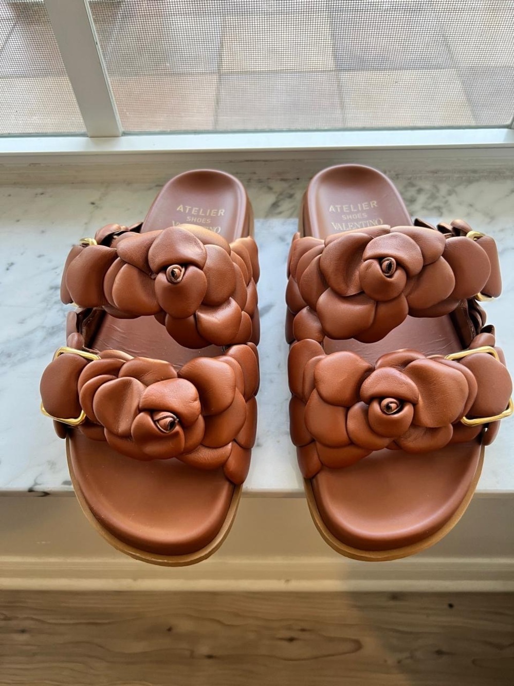 Valentino Atelier Brown Leather Floral Rose Slide Sandals